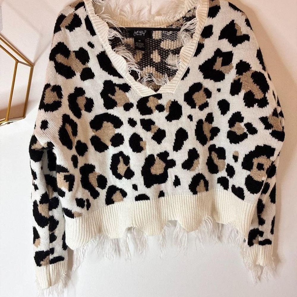 Just Polly Leopard Print Oversized Distressed Fringe Sweater Size M